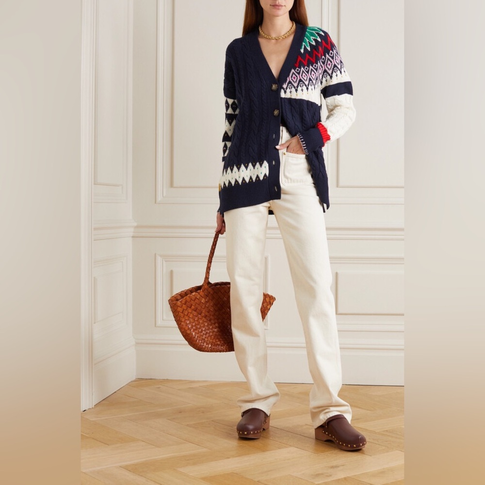 NEW La Ligne Fairisle Patchwork Cardigan Navy Multi Extra Large (XL) 100% Wool
